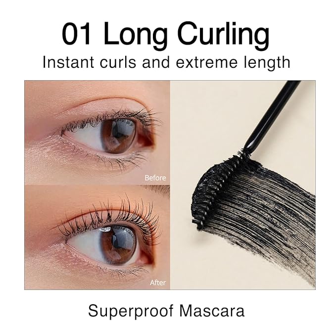 CLIO Kill Lash Superproof Mascara, Waterproof Lengthening Mascara with Slim Curved Brush for Straight Lashes, Smudge-Resistant Long Wear, Lifted Curl and Clean Separation (001 Long Curling)