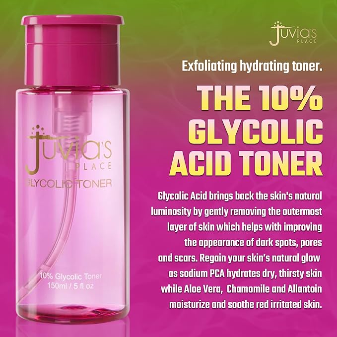 Juvia's Place The 10% Glycolic Acid Toner, 5 fl oz, Aloe Vera, Chamomile, Allanton, Skin Conditioner, Gentle, Non-Irritant, Exfoliates, Glowing, Luminous Skin Appearance, Moisturizer