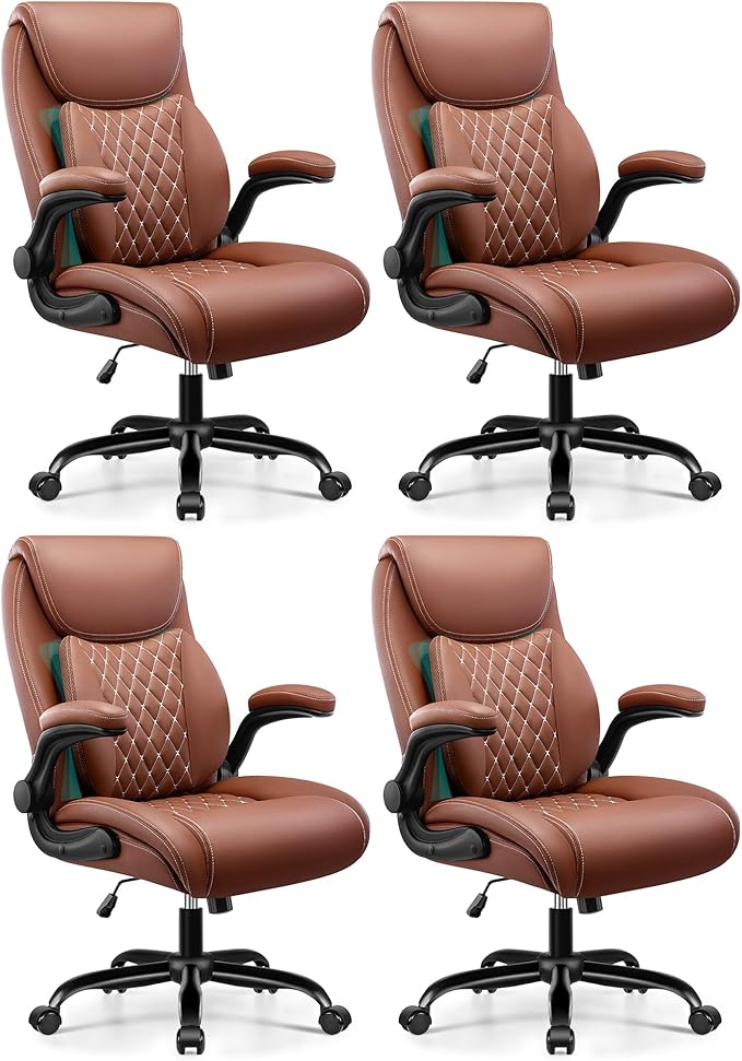 Office Chair,Ergonomic Office Chair with Lumbar Support for Lower Back Pain Relief, Executive Leather Chair with Padded Flip-up Arms, Wheels and Adjustable Armrests, Brown Pack of 4