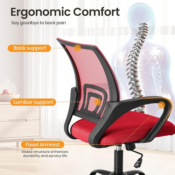 NEWBULIG Red Computer Desk Office Chair, Ergonomic Mid-Back Swivel Rolling Chair with Breathable Backrest and Lumbar Support Wheels, Mesh Office Chairs for Adults Home Task Gaming,1 Pack