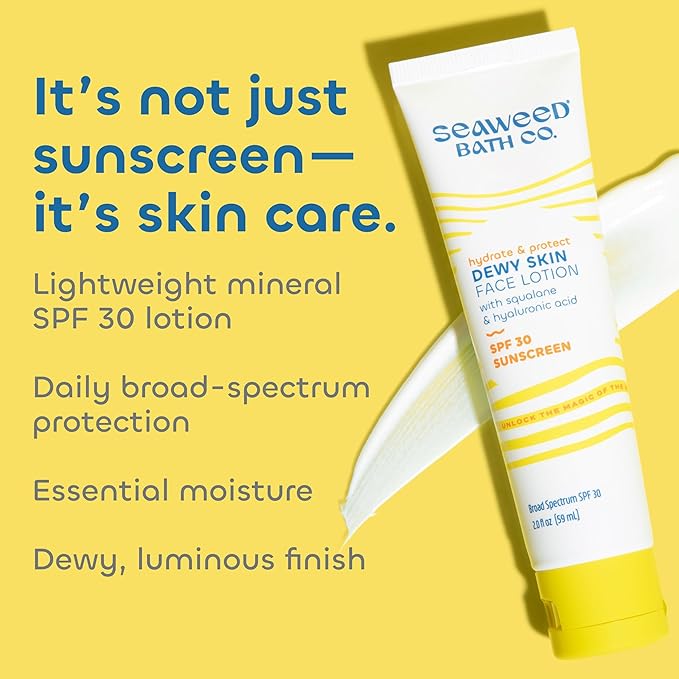 Seaweed Bath Co. Hydrate & Protect Dewy Skin Face Lotion SPF 30 Broad Spectrum Zinc Oxide Facial Sunscreen, 2 Ounce, Sustainably Harvested Seaweed, Hyaluronic Acid, Squalane