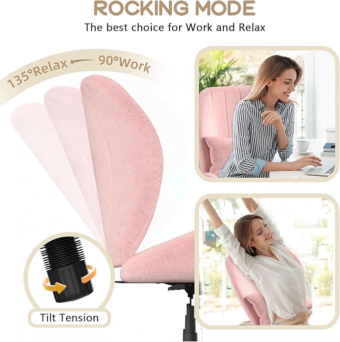 Criss Cross Chair with Wheels, Wide Cross Legged Office Chair Armless Comfy Desk Chair with Tall Back Vanity Chairs with Stress Relief Curved Design Seat for Bedroom & Office & Home Pink