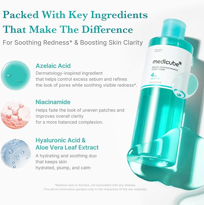 medicube Azelaic Acid Niacinamide Clarifying Toner | Troubled Skin Care, Ideal for Purifying & Calming | 4% Azelaic Acid & 2% Niacinamide| Soothing Daily Toner | Korean Skin Care | 8.45 fl.oz