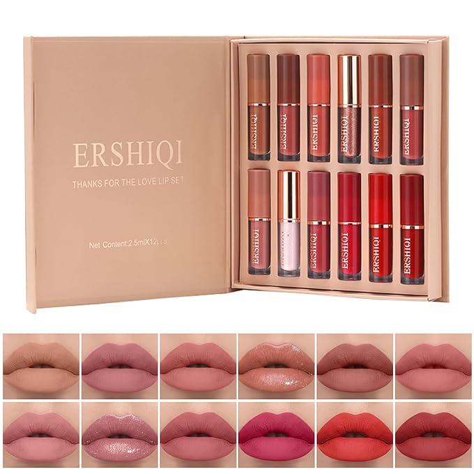 12Pcs Nude Matte Liquid Lipstick Set, Waterproof Long Lasting Non-Stick Cup 12 Colors Nude Lipstick 24 Hour Not Fade Matte Lipstick Professional Lip Gloss Makeup Valentine's Day Gift Sets for Women