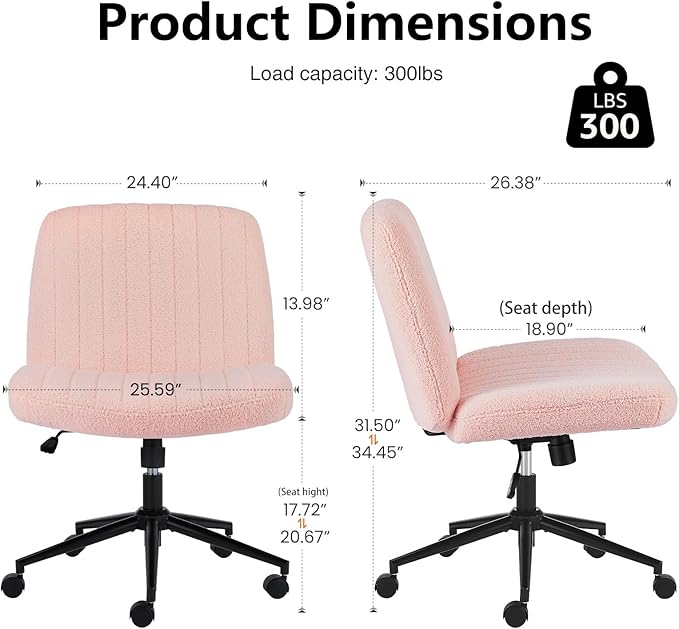 Sweetcrispy Criss Cross Chair Legged with Wheel, Armless Office Swivel Desk Chair with Wheel, Vanity Height Adjustable Wide Seat Comfy Cute Computer Task Seating for Home Bedroom