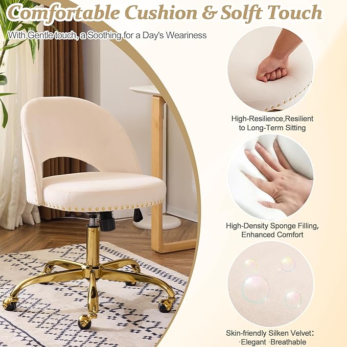 VINGLI Modern Velvet Small Office Chair,Cute Desk Chair with Wheels,Gold Base/Studs, Comfy Armless Swivel Vanity Task Chair for Women/Girl/Kids, Nail Tech Chair for Bedroom,Small Space,Beige
