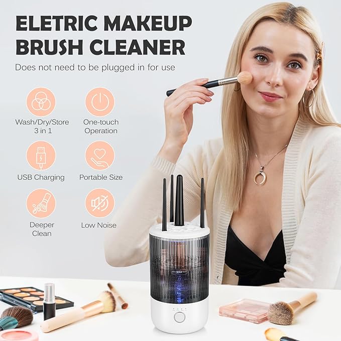 Electric Makeup Brush Cleaner Machine, 4 Timer Settings Cosmetic Brush Cleaner, Make Up Brush Cleaner Cleanser for All Size Brushes, Automatic Beauty Tool – Great Gift for Women
