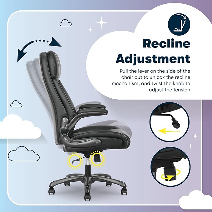 Serta Torrington Big & Tall Office Chair, with Flip-Up Padded Armrests, Ultra-Comfortable ComfortCoils Seat Cushion Technology, Modern Executive Premium PU Desk Chair, Black