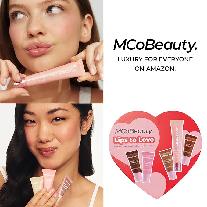 MCoBeauty Peptide Lip Treatment Gift Set - Lip Gloss Balm Tint Kit with Peptides Shea Butter for Dry Lips - 5 Piece Cupcake Latte Fairy Floss Caramel Vanilla Scents - Vegan Cruelty Free