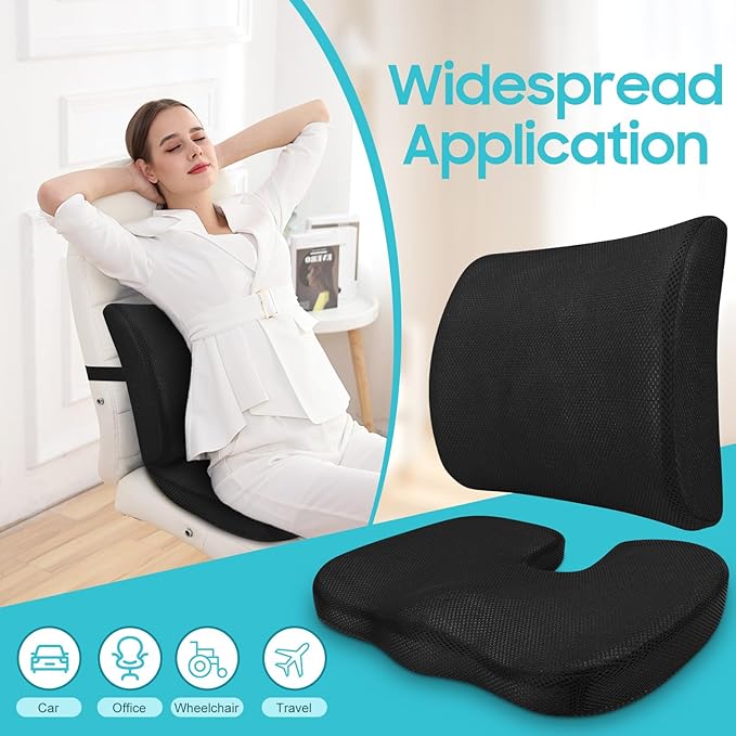Gugxiom Lumbar Support Pillow, Memory Foam Seat Cushion, Office Chair Cushion and Back Support for Office Chair, Back Support Pillows with Adjustable Strap for Gaming Chair, Car Seat