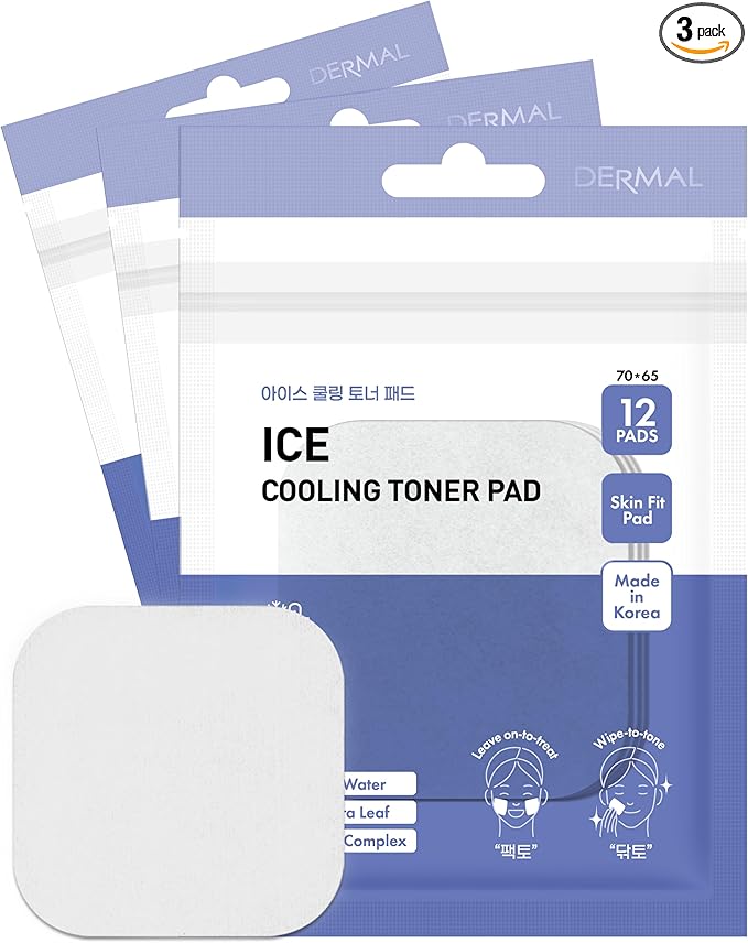 DERMAL Ice Cooling Toner Pad - Korean Soothing & Hydrating Toner Pads with Aloe Vera - After Suncare, Sunburn Relief, Redness Relief - Vegan Square Pads - Travel Kit 12 ea, 3 Pack (Total 36 ea)