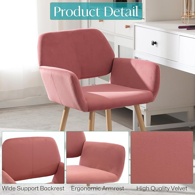 Home Office Velvet Desk Chair, Makeup Vanity Chair, Comfy Accent Armchair with Wood Grain Metal Legs, Cute Dining with Hollowed Back, Rose
