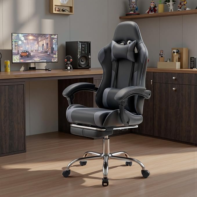 NEWBULIG Gaming Chair with Footrest – Ergonomic High-Back with Lumbar & Headrest Support, Comfy PU Leather Recliner with Linkage Armrests, Adjustable Height, 360° Swivel, Grey