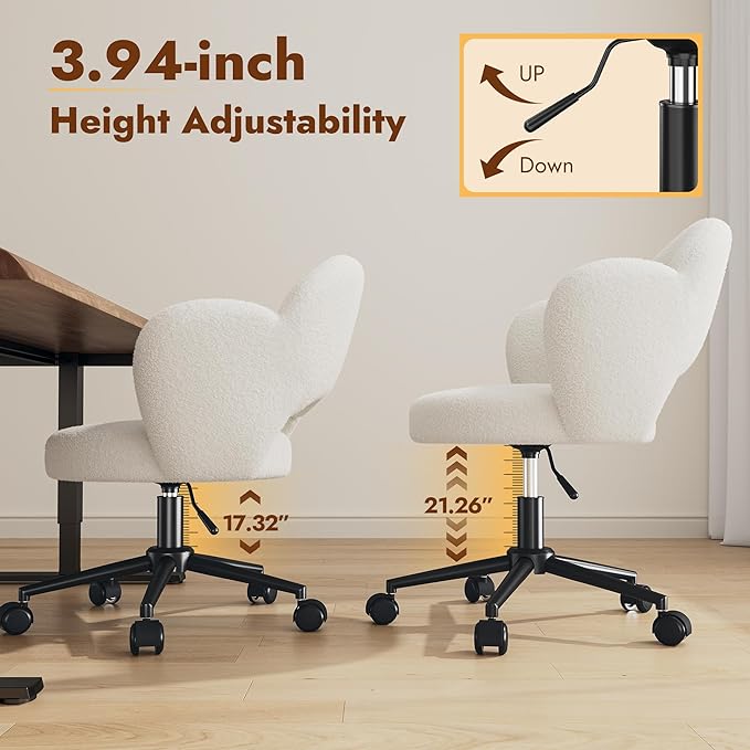 Flower Vanity Chair, Cute Petal Desk Chair with Wheels, Height Adjustable & Armless Swivel Makeup Task Chair for Relaxation, Study, White