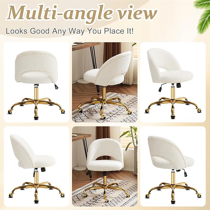 VINGLI Modern Teddy Fluffy Small Office Chair,Cute Desk Chair with Wheels,Gold Base/Studs, Comfy Armless Swivel Vanity Task Chair for Women/Girl/Kids, Nail Tech Chair for Bedroom,Small Space,White