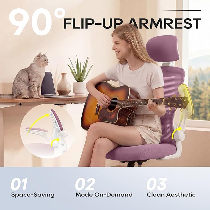 Ergonomic Office Chair, High Back Mesh Desk Chair with Adjustable Lumbar Support & Headrest, Flip-up Armrest, Computer Task Chairs for Home and Executive Office (W-Purple)
