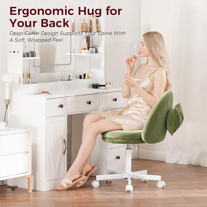 GTPLAYER Velvet Tall Office Chair with Wheels Vanity Chairs with Back, Versatile Height Use: Office to Bar Stools Small Ergonomic Comfy Armlees Computer Desk Chair with Bow Lumbar Pillow for Gift