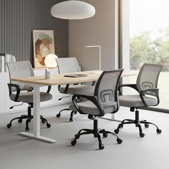 DUMOS Home Office Chair - Ergonomic Mid Back Mesh Desk Chair with Lumbar Support & Rocking Mode, Height Adjustable with Fixed Armrest, for Computer, Gaming, Meeting, 360° Swivel, Grey
