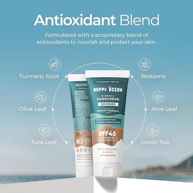 Mineral Sunscreen SPF 45 Shimmer, Reef Safe Sunscreen, Biodegradable Travel Size, Non-Nano Zinc Oxide, Non-Greasy, Water Resistant, Face & Body
