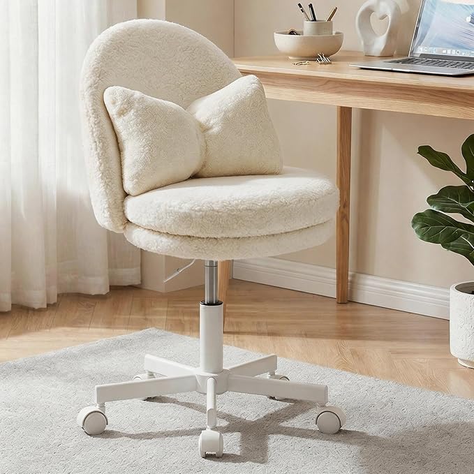 GTPOFFICE Vanity Chair with Back, Adjustable Tall Office Chair High Swivel Bar Stools Fluffy Cute Desk Chair Comfy with Wheels Bow Pillow Armlees for Adults Standing Desk Bar, Soft Velvet, White