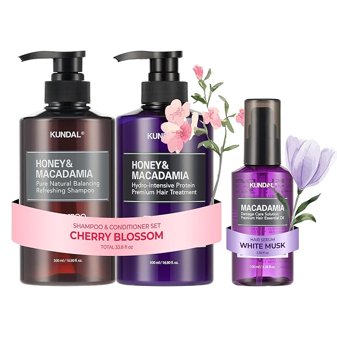 KUNDAL Cherry Blossom Shampoo & Conditioner Set+Damage Repair Hair Serum White Musk | Moisturizing, Long-Lasting Scent, Repair & Nourish Hair | Holiday Stocking Stuffer Bundle