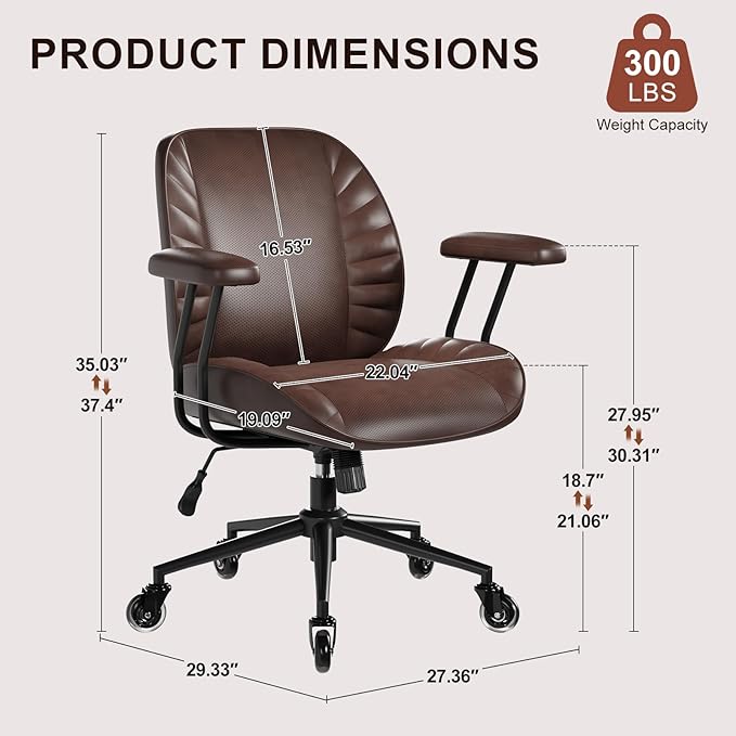 BFZ Home Office Desk Chair, Adjustable Comfy Desk Chair with Wheels, Comfortable Ergonomic Office Chair, Criss Cross Office Desk Chair with Back for Vanity,Home Office or Workspace, Dark Brown Leather