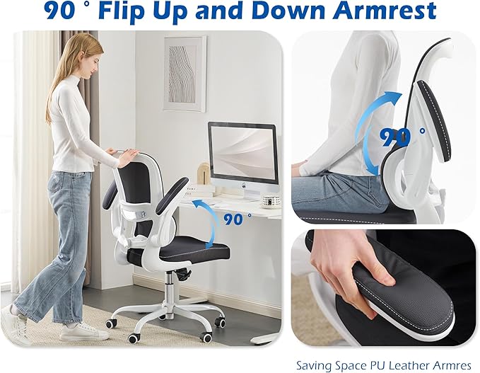 TRALT Ergonomic Office Chair - Desk Chair with Adjustable Lumbar Support Computer Chair - Mesh Comfy Chair with Flip-up Armrests - Gaming Chairs for Adults Home Office (PU Leather, Black White)