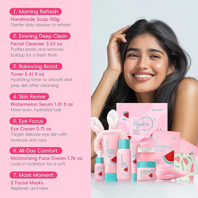 Watermelon Skin Care Kit for Teens Girl, 8 Daily Routine Beauty Skincare- Gift Set with Cleanser, Toner, Eye Cream, Moisturizer, Serum, Facial Mask, Soap, Hydrate, Oil control, Glow, Smooth