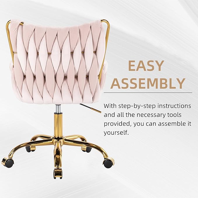 Westice Velvet Desk Chair, Home Office Gold Comfy Chair with Hand Woven Back, Height Adjustable Swivel Chair with Comfy Upholster for Makeup Vanity Living Room Bedroom, Light Pink