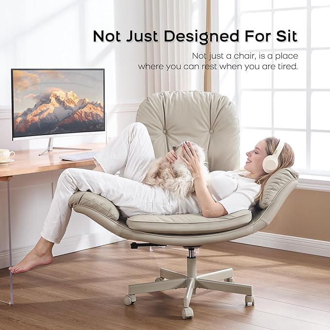 Criss Cross Chair with Armrests & Wheels for Cross-Legged Sitting, Comfortable Adjustable Swivel Office Desk Chair –PU Leather Vanity Chair for Home, Makeup and Bedroom (Cream)