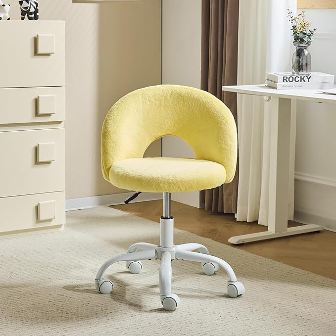 VINGLI Small Vanity Chair with Faux Fur Wheels for Girls,Cute Adjustable Height Armless Office Desk Chair,360°Swivel Comfy Rolling for Study,Make up Room,Small Space,Yellow