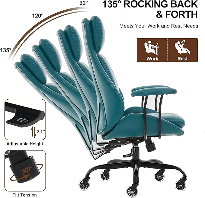 Office Chair, Leather Desk Chair with Rubber Wheels, Ergonomic Computer Chair 500 LBS with Lumbar Support, High Back Executive Chair for Modern Home Office, Green