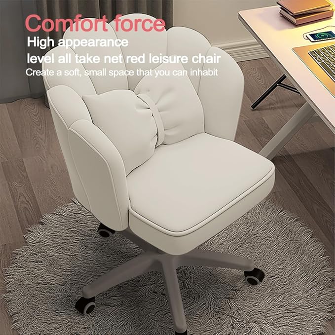 Petal Desk Chair with Bow Cushion Velvet Vanity Chair with Wheels, Upholstered Home Office Chair for Girls Women, Mid-Back Swivel Computer Task Chairs for Living Room Bedroom