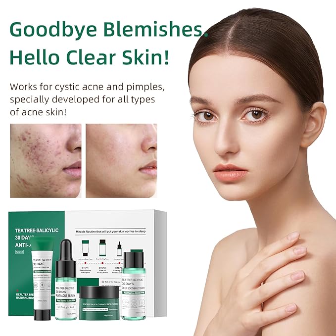 Tea Tree Salicylic Acid Facial Skin Care Set, Travel Size Set Cystic Hormonal Acne Treatment Face Wash Cleanser, Facial Toner Cream Moisturizer Travel Essentials for Pimple