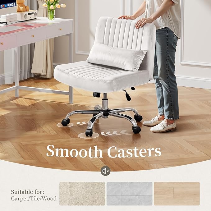 Warmiehomy Velvet Office Chair, Luxury Criss Cross Chair with Wheels, Comfy Cross Legged Desk Chair for Home Office, Stylish Vanity Chair, Wide Seat Computer Chair, Best Gift for Girls, White