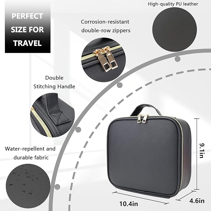 Makeup Bag with Led Mirror,Large Vanity Makeup Cases with 3 Color Setting,Portable Storage and Adjustable Dividers,for Women and Makeup Artists Cosmetic Organizer Travel Makeup Bag-Black