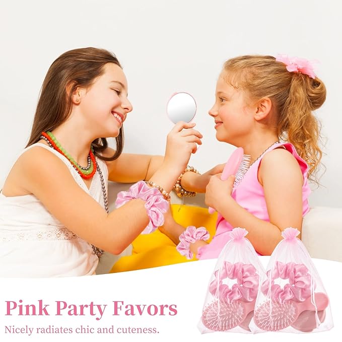 48 Pcs Pink Party Favors, Pink Makeup Party Supplies, Including Hair Brushes, Elastic Scrunchies, Pocket Cosmetic Mirrors, and Organza Bags, Makeup Brush Accessories (48PCS)