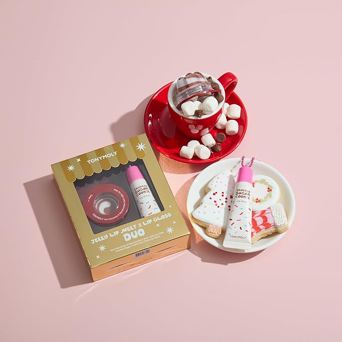TONYMOLY Jelly Lip Melt + Lip Gloss Key Chain Duo, Limited Edition Holiday Set – Hydrating Lip Balm & Gloss with Hot Chocolate Marshmallow Swirl + Frosted Sugar Cookie, Stocking Stuffer Gift