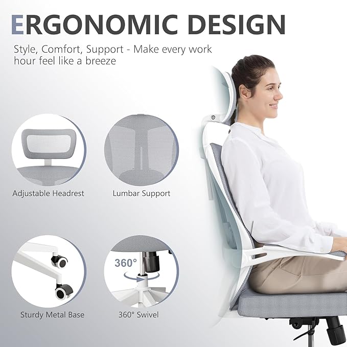 300 LBS Ergonomic Office Computer Mesh Chair - Adjustable Height Rolling Desk Chair with Flip-Up Armrests & High Back Support - Comfortable Swivel Task Chair for Home Office