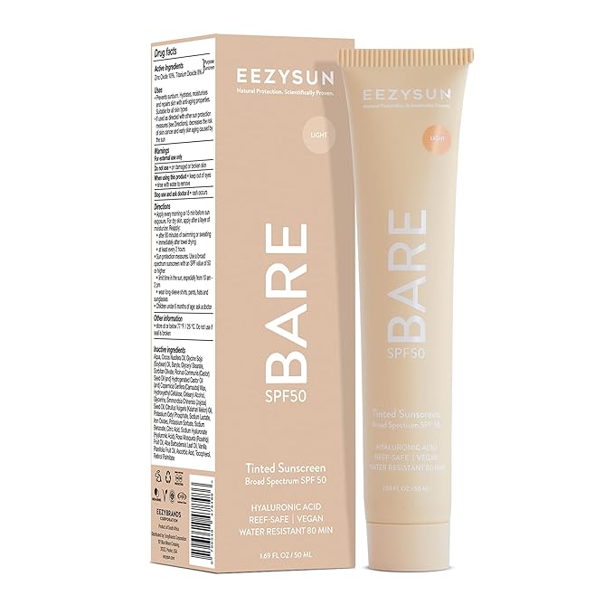BARE Tinted Sunscreen for Face SPF 50 - Non-Greasy, Weightless, Water-Resistant, Vegan & Reef-Safe Tinted Moisturizer with SPF, Hyaluronic Acid, Jojoba Oil - All Skin Types, 1.69 fl oz - Light
