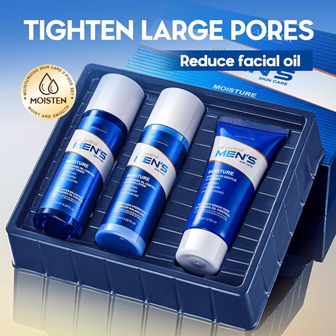Men's Oil Control 3-Piece Skincare Set, Gentle Face Wash, Refreshing Toner & Lightweight Lotion for Oily Skin Balance, Valentine's Day Gifts for Men