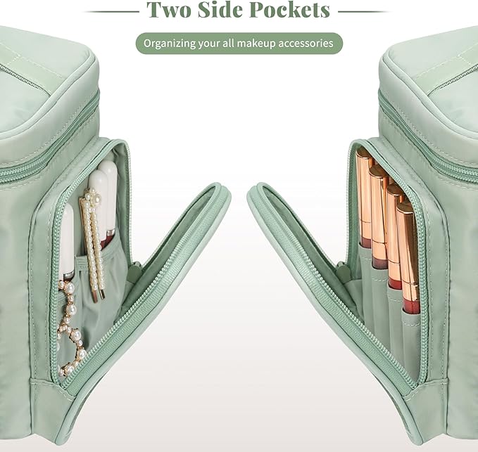 Large Makeup Bag, Portable Travel Makeup Bag Organizer for Women Girls with Makeup Brush Compartment & Two Side Pockets, Cosmetic Travel Bag Vertical Storage Toiletry - Green