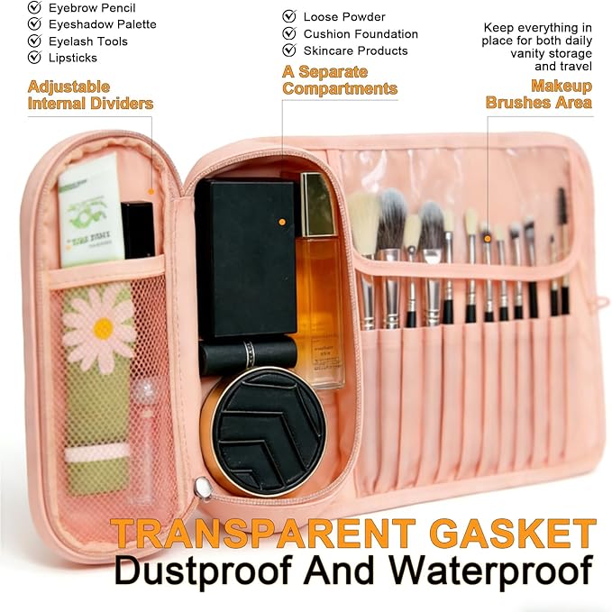 Portable Folding Makeup Brush Bag,Travel Toiletry Bag with Dividers & Independent Partition for Brushes & Skincare, Toothbrush Holder,Rolling & Open Flat cosmetic Organizer,Waterproof &Hanging (Pink)
