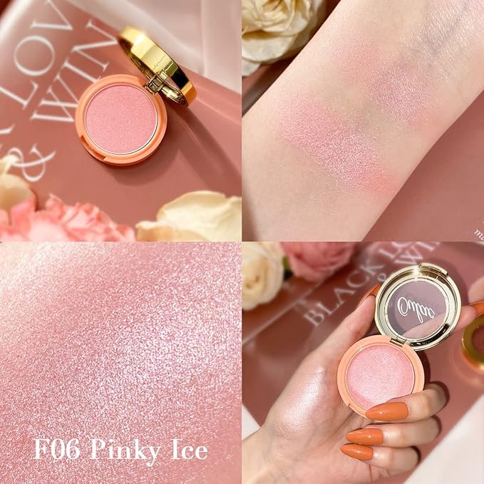 OULAC Pink Lumious Blush Makeup| 2 in 1 Powdery Blush&Highlighter| Shimmer Metallic Glow| Shape&Highlight Face| Cruelty-Free & Highlight Bling| F06 Pinky Ice