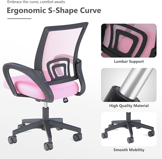 Home Office Chairs, Ergonomic Mid-Back Mesh Desk Chairs with Lumbar Support, Adjustable Swivel Rolling Design, Comfy Armrest for Work, Study, Gaming, Vanity, Pink, 2 Pack