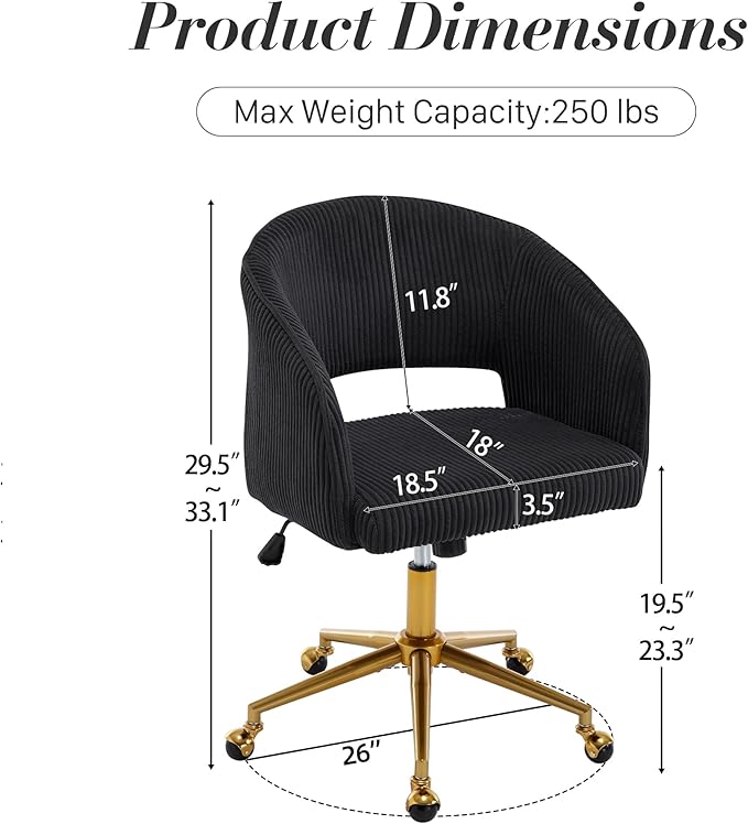 Home Office Swivel Desk Chair, Modern Corduroy Vanity Chair, Height Adjustable Armchair with Gold Base, Ergonomic Office Chair for Task Study Computer Room, Black