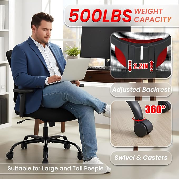 BestOffice Big and Tall 500 lb Mesh Office Chair Ergonomic High Back Desk Chair with Lumbar Support and Extra-Wide Seat for Home Office, Black