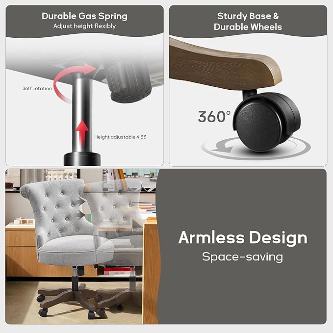 HUIMO Home Office Chair Upholstered Armless Desk Chair with Wheels Adjustable Height Computer Desk Chair with Wooden Legs Linen Comfortable Swivel Chairs for Home Office Study Studio (Light Grey)