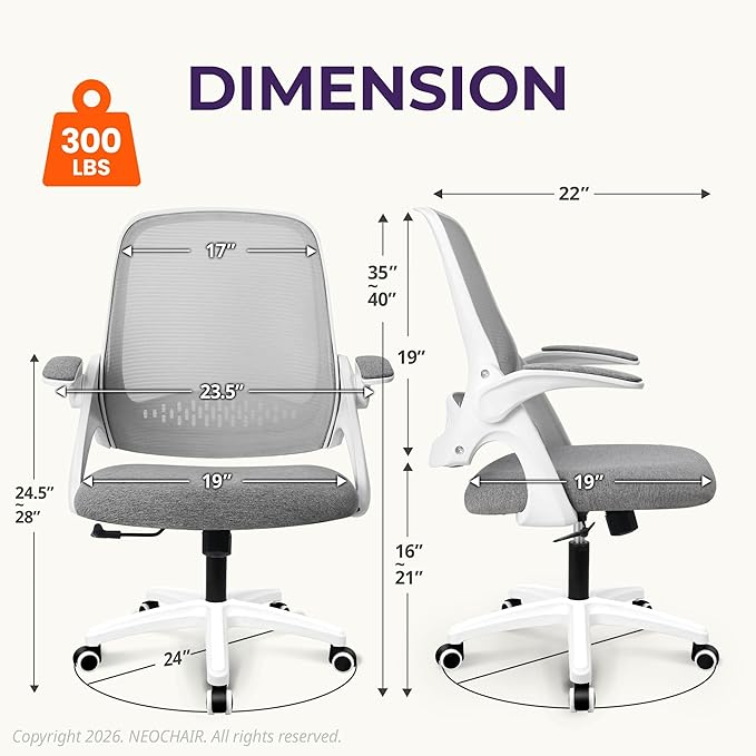 NEO CHAIR Office Desk Computer Gaming Ergonomic Chair with Lumbar Back Support Adjustable Height Swivel Wheels Flip-up Arms Mesh Chair for Home or Office (Grey)