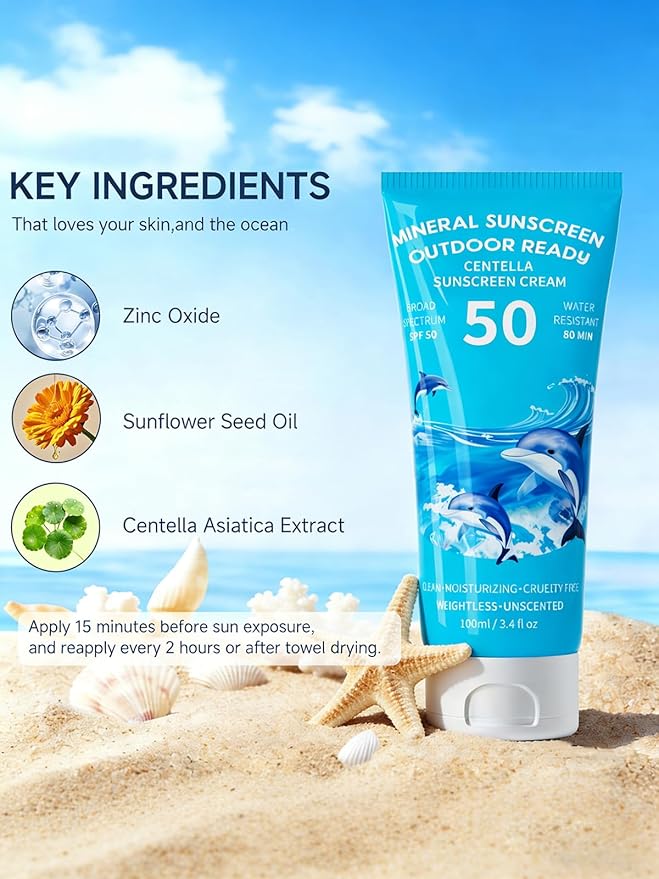 Reef Safe Sunscreen SPF 50, Travel Size Zinc Oxide Mineral Sunscreen, Natural Organic Centella Extract, Lightweight No White Cast, Non-Greasy, For Women & Men, Outdoor Beach Home Office Daily Use